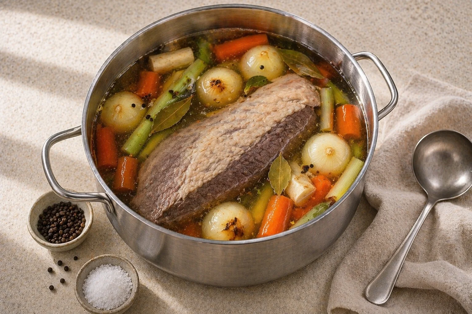 Sanft gegarter Tafelspitz im klaren Sud